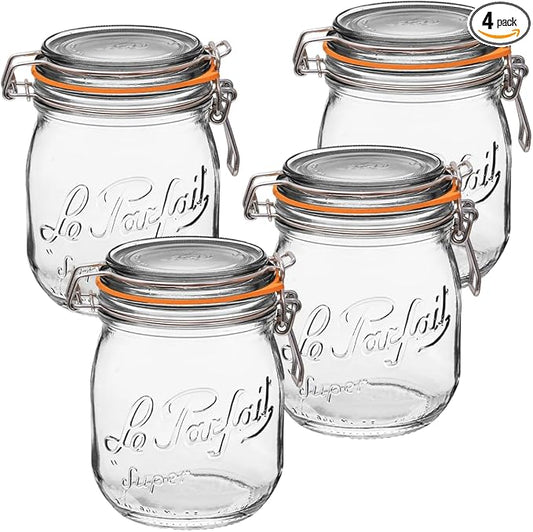 Le Parfait Super Jar 750mL (24oz) French Glass Preserving Jar w/Airtight Rubber Seal & Wire Bail Closure - BPA-Free Canning Jar for Pickles, Fruit, Sauce & Food Storage - Made in France Since 1930 4PK