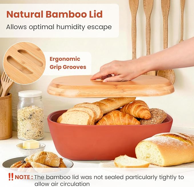 Terracotta Bread Saver Box with Gift Box, Internal 9.8"x5.1"x3.9" Small Bread Bin with Natural Bamboo Lid,Food-Safe Glazed Interior, for Small Artisan Sourdough, Housewarming & Wedding Gift