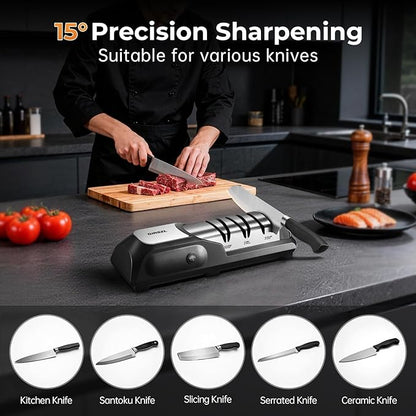 Kitchen Professional Electric Knife Sharpener: 3-Stage 100% Diamond Abrasives Knife Sharpeners with 15° Precision Angle Electric Steel Sharpening Tool to Restore/Polish Chef Knives