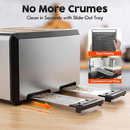 PULZO 4 Slice Toaster Wide Slot, LED Display, Dual Independent Control Panel, 6 Bread Modes, Defrost, Reheat & Timer, Digital Toasters for Bagel Muffin Waffle Gluten Free Breads