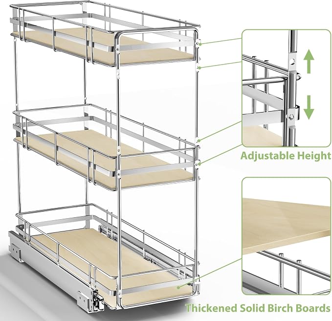ROOMTEC 3-Tier Pull Out Cabinet Organizer Spice Rack for Narrow Cabinet 9" W x 20½" D, Slide Out Wood Shelves Storage for Kitchen