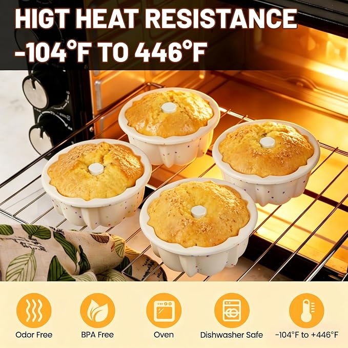 Vinino Silicone Mini Fluted Tube Cake Pan with Metal Reinforced Frame, 12 Pcs Mini Flan Molds for Baking Jello, Muffin, Pudding, Chocoflan, 4 Inch Nonstick Mini Cake Pan for Oven, Dishwasher Safe