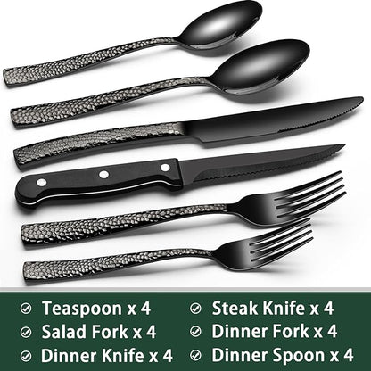 EWFEN 24-Piece Black Silverware Set with Steak Knives, Black Flatware Set for 4, Food-Grade Stainless Steel Tableware Cutlery Set, Mirror Finished Utensil Sets for Home Restaurant, Wave Hammered