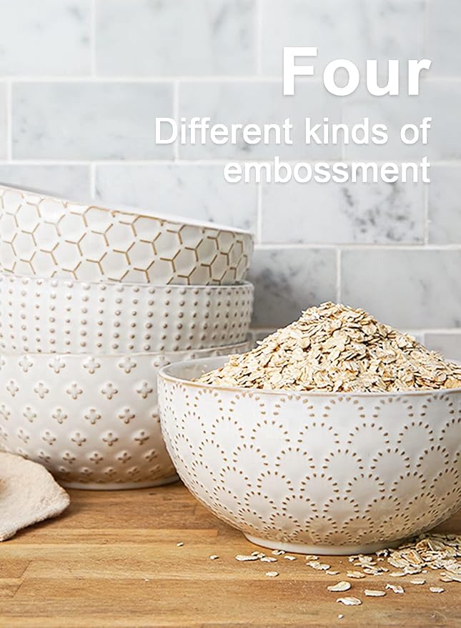 LE TAUCI Cereal bowls 26 oz, Ceramic Soup Bowl for Kitchen, Embossment Stoneware Bowl for Pho, Chip, Fruits, Salad, Noodle, Ramen, Suit For Housewarming - 6 Inch, Set of 4, Arctic white