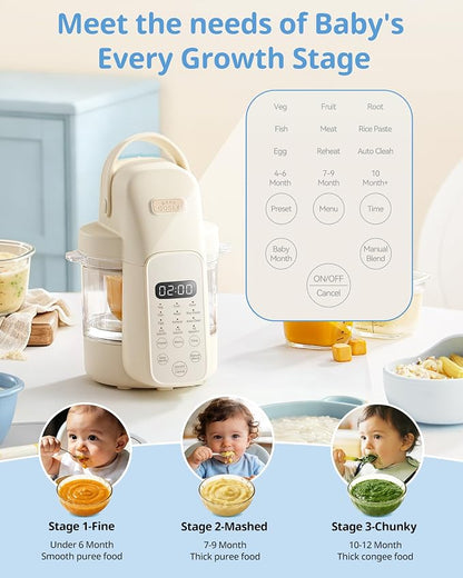 SosekiBaby FM01 Baby Food Maker with Glass Bowl One Step Baby Blender-Food Processor and Steamer Puree Grinder 316L Stainless Steel Blades Auto Cooking & Easy Cleaning-BPA-Free Ivory