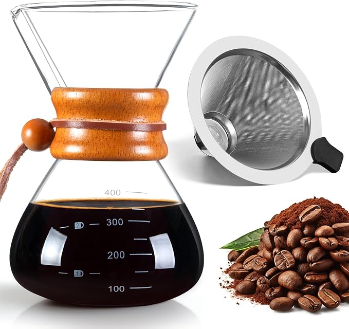 FrutPunch Pour Over Coffee Maker with Stainless Steel Filter, Pour Over Coffee,Pour Over Coffee Dripper, 13.5 OZ, Drip Coffee Maker, High Heat Resistant Carafe, also for Camping, Hiking