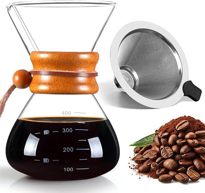 FrutPunch Pour Over Coffee Maker with Stainless Steel Filter, Pour Over Coffee,Pour Over Coffee Dripper, 13.5 OZ, Drip Coffee Maker, High Heat Resistant Carafe, also for Camping, Hiking