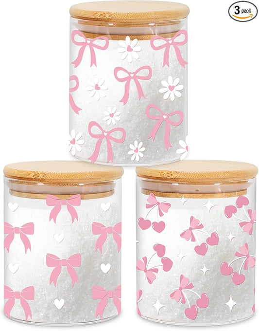 JarThenaAMCS 3 Pcs Pink Bow Glass Storage Jars with Airtight Lid Cute Bow Cherry Floral Decorative Canisters Sets for Valentine's Day Home Kitchen Countertop