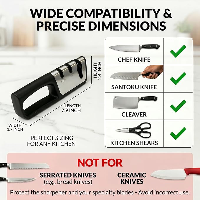 Premium 3-in-1 Knife and Scissors Sharpener, Professional Manual Kitchen Blade Sharpening Tool with Tungsten Ceramic Diamond Abrasives, Ergonomic Handle, Black