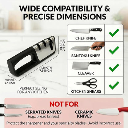 Premium 3-in-1 Knife and Scissors Sharpener, Professional Manual Kitchen Blade Sharpening Tool with Tungsten Ceramic Diamond Abrasives, Ergonomic Handle, Black
