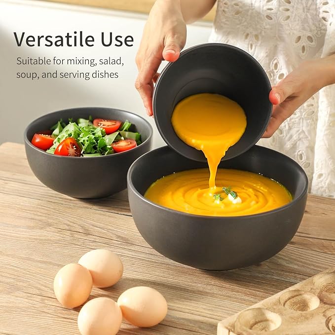 Tikoore Ceramic Mixing Bowls Set，Soup Bowls Set of 3, Stoneware Nesting Bowls for Serving, Baking, Salad,Microwave and Dishwasher Safe,24/40/88 oz, Matte Black