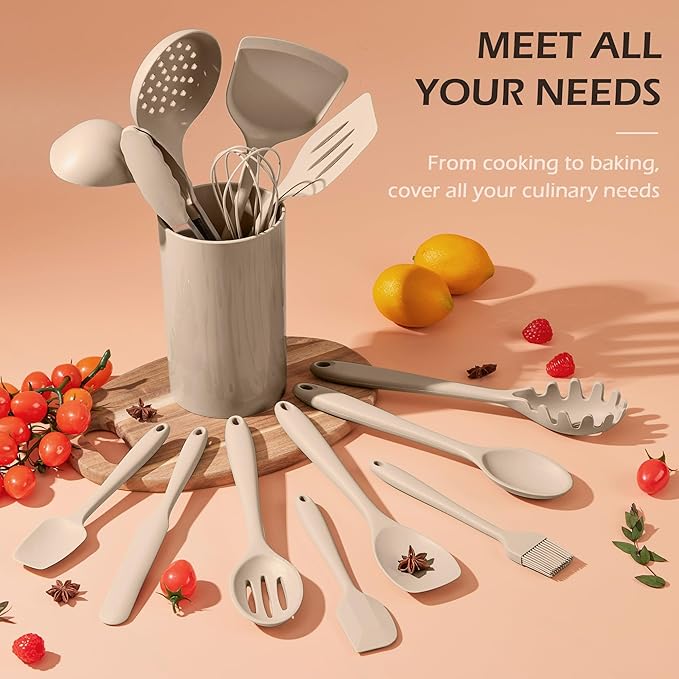 Homikit 15-Piece Kitchen Cooking Utensils Set with Holder, Heat Resistant Food Grade Silicone Kitchen Utensils include Slotted Spatula Ladle Turner for Nonstick Cookware, Dishwasher Safe- Khaki
