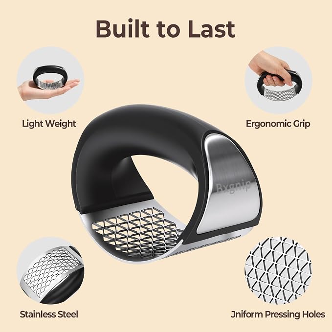 Garlic Press Rocker, Stainless Steel Garlic Mincer with Triangular Holes Effortless Squeeze for Weak Hands, Easy to Clean, Medium Garlic Crusher for Home Kitchen