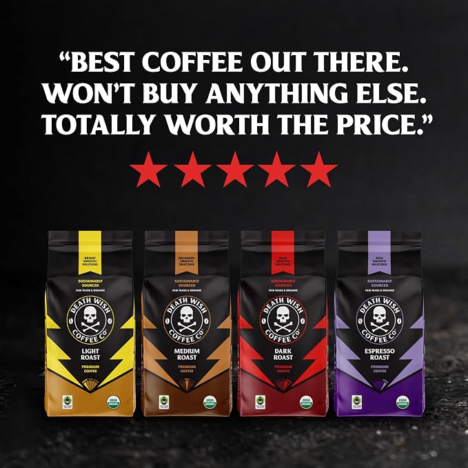 Death Wish Coffee Dark Roast Grounds -16 Oz, 2 Packs of Bold & Intense Blend of Arabica & Robusta Beans - USDA Organic Ground Coffee - Pack of 2
