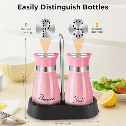 Salt and Pepper Shakers, Farmhouse Salt and Pepper Shakers Set with Holder, electroplated Handle, 4 oz Stainless Steel Glass Bottle Dispenser, for Table, RV, Camp, BBQ (Pink)