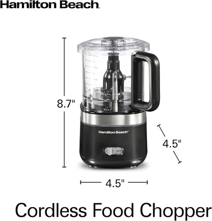 Hamilton Beach Powerful Cordless Mini Food Processor and Vegetable Chopper, 4 Cup Capacity, Fast Recharging, Includes Power Adapter, Chop, Puree, Emulsify, Grind, Dishwasher Safe Bowl, Black (72880)