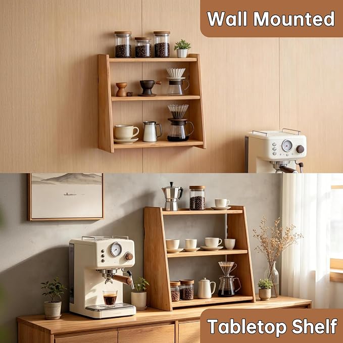 100% Solid Rubber Wood Spice Rack, 3 Tier Freestanding & Wall Mounted Kitchen Countertop Organizer, Trinket Shelf, Tiered Display Stand for Spices, Makeup, Collectibles & Home Decor