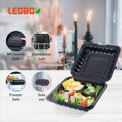 65-Pack 30oz 7.8 Inch Black Bento Box - Shrink Wrapped No Pre-Wash | 3-Compartment Reusable & Sturdy | Microwave and Freezer Safe Takeout Containers for Catering, Meal Delivery & Leftovers
