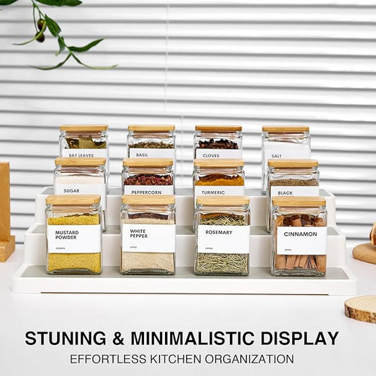 Glass Spice Jars with Bamboo Lid, 4oz Square Spice Containers for Pantry Organization, Seasoning Bottles with Labels, Spoons, Funnel for Salt Sugar