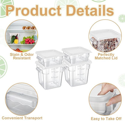 Barydat 4 Pcs Square Food Storage Containers with Lids Measurement Scales, 2qt & 4qt Clear Plastic Stackable Containers for Dough Proofing Baking Kitchen Restaurant and Pantry Organization(White)