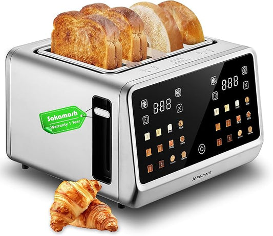 SAKAMOSH 4 Slice Touch Screen Toaster with Dual Control Panel, Wide Slots Smart Digital Toaster with 6 Browning Levels & Bread Type, Single Slice Toasting/Reheat/Defrost/Cancel, 1800W, Stainless Steel