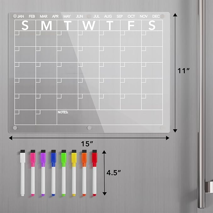 Neatsure Acrylic Magnetic Dry Erase Board Calendar for Fridge, Clear Monthly Planner Whiteboard for Refrigerator, w/ 8 Colors Markers, 15"x11"