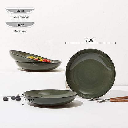 Pokini 16 Piece Double Bowl Dinnerware Sets with Pasta Bowls, Highly Chip and Crack Resistant Plates and Bowls Sets, Natural Earthyware Ceramic Dishware Sets, Service for 4 Blackish Green