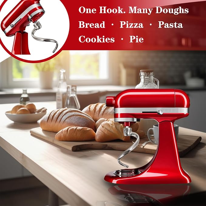 Stainless Steel Spiral Dough Hook for KitchenAid 4.5-5 Quart Tilt-Head Stand Mixer, Dishwasher Safe & Rust-Proof Bread Hook for K45, K45SS, KSM75, KSM90, KSM150 | Long-lasting No chipping or peeling — safer for food contact Easy to clean