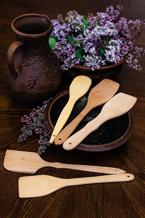 ECOSALL Nonstick Wooden Spoons For Cooking – 5 European Premium Spoons Set - 100% Healthy and Natural Wooden Spatula – Long Handled, Strong, Durable, Solid Wood Cooking Utensils for Everyday Cooking