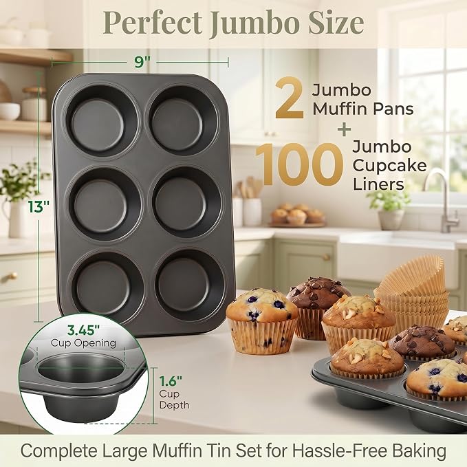 Jumbo Muffin Pan 2 Pack, Extra Large Muffin Tin 6 Cup Includes 100 Jumbo Cupcake Liners, Nonstick Carbon Steel Giant Cupcake Pans for Baking, Breakfast & Party Cupcake Tin