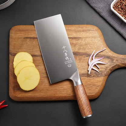 SHI BA ZI ZUO 7 Inches Stainless Steel Meat and Vegetable Cleaver Knife with Ergonomic and Sturdy Wooden Handle