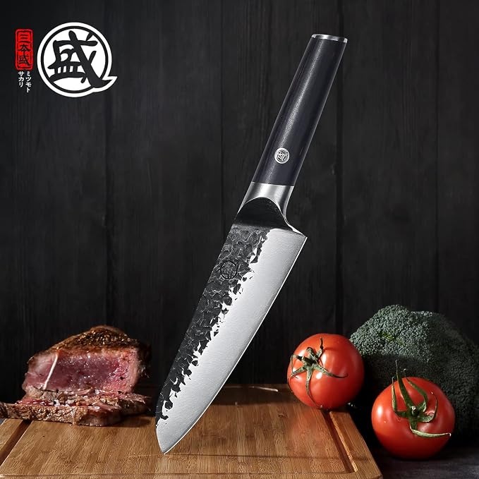 MITSUMOTO SAKARI 7-Inch Japanese Santoku Knife, SKD-11 Steel | Wide 2mm Santoku blade for slicing, dicing and mincing, 3-layer SKD-11 steel, textured finish, pakkawood handle
