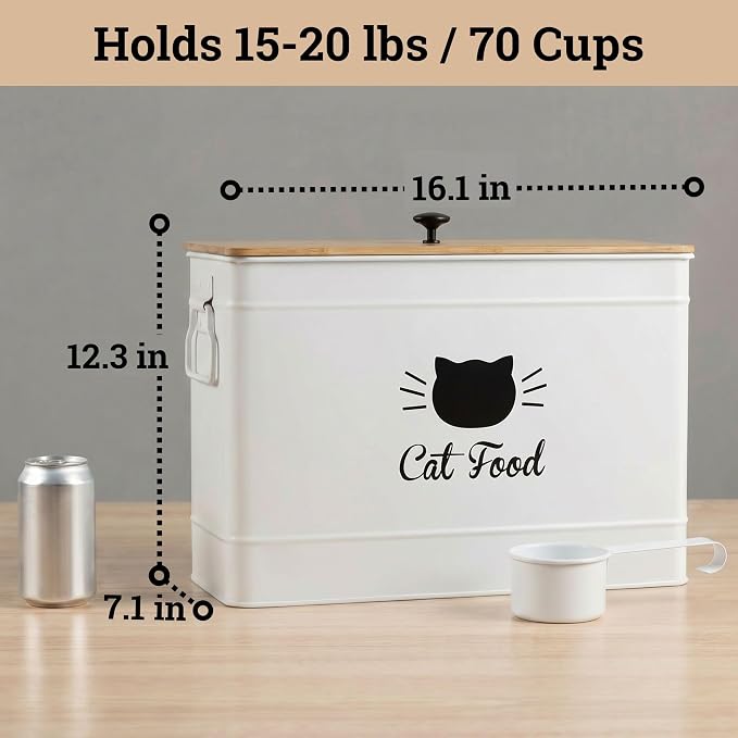 Cat Food Storage Container with Scoop - 15 lb (50 Cup) Capacity Metal Cat Food Container with Airtight Bamboo Lid & Metal Scoop - Airtight Pet Food Storage Containers - 15 lb Treats & Kibble Container