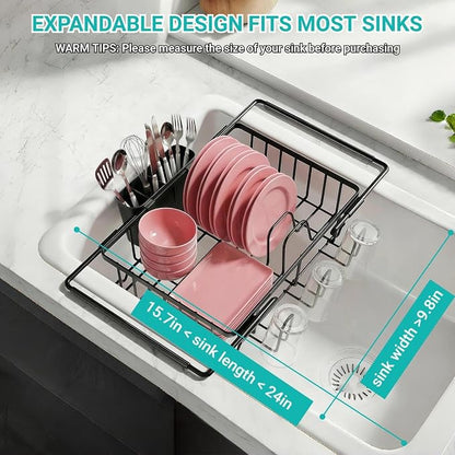 Sylfaen Expandable Over The Sink Dish Drying Rack, Stainless Steel Dish Rack in Sink, Kitchen Sink Drain Strainer with Utensil Holder & Cup Holders, Counter Space Saving & No Assembly Needed, Black