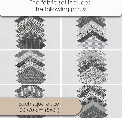 Cotton Satin Patchwork Fabric Panel – 35 Designs, 20×20 cm Squares, Single Piece 150×110 cm, Black & Grey Patchwork Quilt Fabric (Moonlight Patchwork Set, 35pcs 8x8 inch)