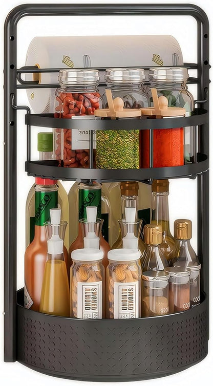 JEESA Rotating Spice Rack with Paper Towel Holder, Black | 2 Tier Lazy Susan, Sturdy Iron, Seasoning Organizer, Kitchen Countertop