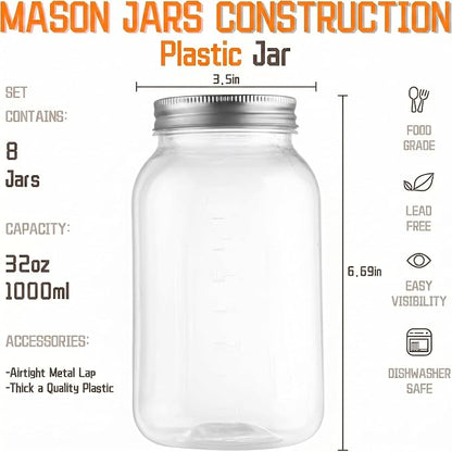 novelinks 32 oz Mason Jars with Plastic Lids, 8 Pack Large Plastic Salad Jars with Lids 32oz, Reusable Spice Containers & Kitchen Jars for Pantry Organization (8 Pack,Silver)