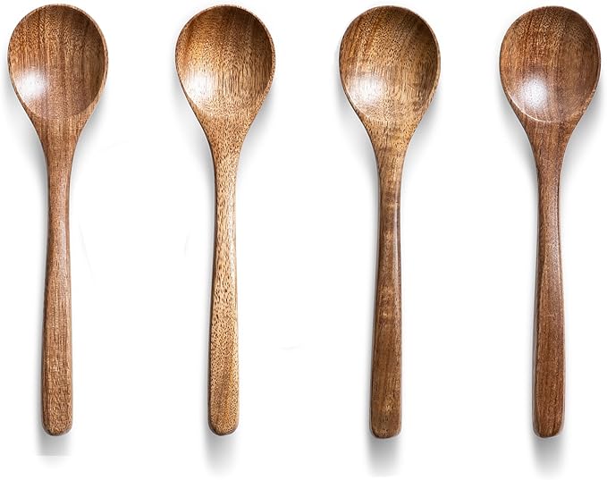 4 PCS Wooden Spoons for Eating, 7 inch Wooden Honey Spoons for Tea, Wood Teaspoons for Stirring Coffee, Acacia Wood Table Spoon for Cooking, Small Serving Spoon for Soup, Desserts & Cereal