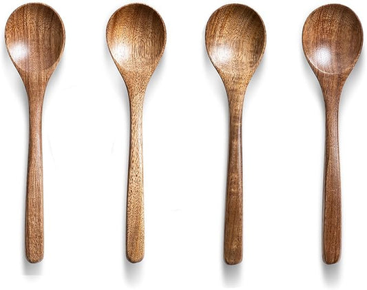4 PCS Wooden Spoons for Eating, 7 inch Wooden Honey Spoons for Tea, Wood Teaspoons for Stirring Coffee, Acacia Wood Table Spoon for Cooking, Small Serving Spoon for Soup, Desserts & Cereal