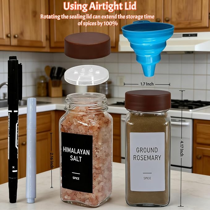 Spice Jars with Labels - 24 Glass Spice with Shaker Lids & Airtight Plastic Caps - 4oz Complete Seasoning Containers Organizer Set for Cabinet, Drawer & Rack (Brown)