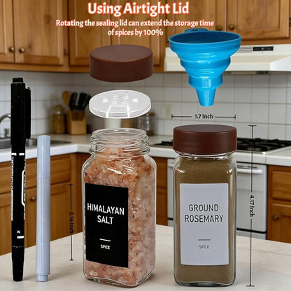Spice Jars with Labels - 24 Glass Spice with Shaker Lids & Airtight Plastic Caps - 4oz Complete Seasoning Containers Organizer Set for Cabinet, Drawer & Rack (Brown)