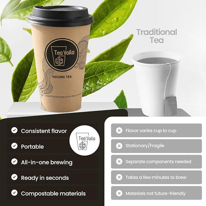 TeaVoila Instant Brew Tea in A Cup - Organic Loose Leaf Oolong Tea – Tea Infuser Built In Biocompostable 6 Cups, Each Refillable 3x, 18 Servings in Total – No Tea Bags Needed, For Office & Travel