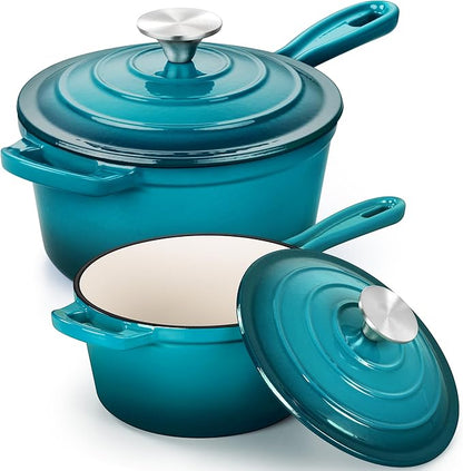 E-far Sauce Pan Set with Lid, 1Qt & 2Qt Enameled Cast Iron Pot Sets for Kitchen Cooking, Small Heavy Duty Dutch Oven Saucepans & Self-basting Lids, Induction-Ready & Easy Clean, Green