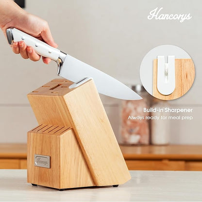 Knife Set, 15 Pcs Kitchen Knife Block Set, Enduring Ultra Sharp High Carbon German Stainless Steel Chef Knives Set with Built-In Sharpener, Full Tang Ergonomic Handle, White