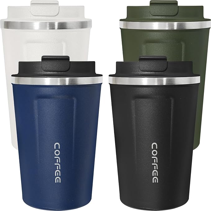 4 Pack Travel Coffee Mug 12oz Insulated Coffee Cup with Lid, Reusable Thermal Coffee Cup Stainless Steel Coffee Tumbler to Keep Hot & Cold Drinks for Car, Daily, Travel and Gifts, Multicolor