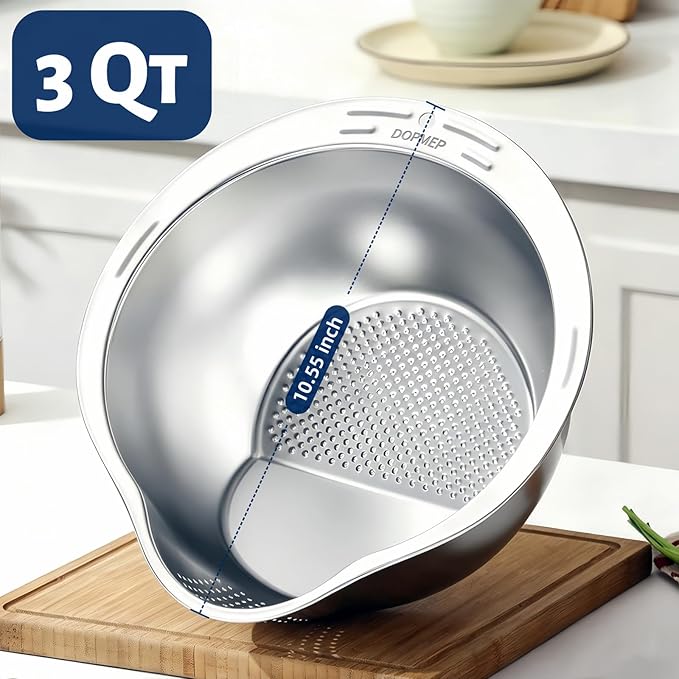 DOPMEP Rice Washer Strainer Bowl, Stainless Steel Colander with Side Drainers - Ideal for Soaking, Washing, Cleaning, and Rinsing Rice, Fruits, Vegetables & Beans, Versatile Kitchen Tool
