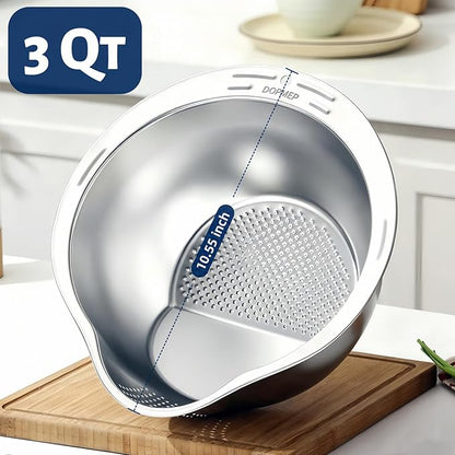 DOPMEP Rice Washer Strainer Bowl, Stainless Steel Colander with Side Drainers - Ideal for Soaking, Washing, Cleaning, and Rinsing Rice, Fruits, Vegetables & Beans, Versatile Kitchen Tool