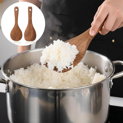 2 PCS Wooden Rice Spoon, 8.7'' Rice Serving Paddle Non Stick, Versatile Cooking Spoon Heat Resistant Cooking Utensils for Non Stick Cookware Serving Mixing Baking