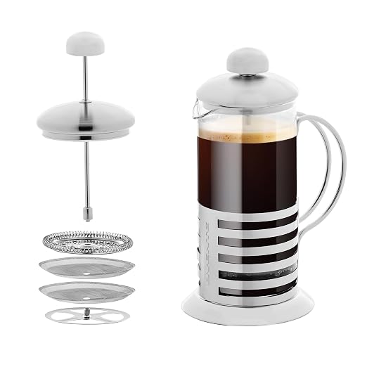 OVENTE French Press Coffee Maker 12 Ounce with Heat Resistant Borosilicate Glass, Stainless Steel Design and 4-Level Filter System, Portable Cold Brewer Pot for Travel, Camping or Gift, Silver FSH12S