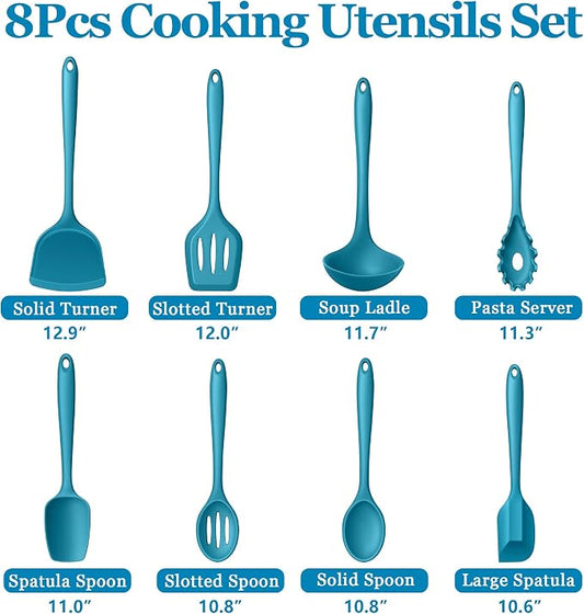 LIANYU 8Pcs Kitchen Utensils Set, Heat Resistant Spatula Set, Cooking Tools Gadgets for Nonstick Cookware, Includes Silicone Spatula, Ladle, Spoon Turner, Dishwasher Safe, Blue